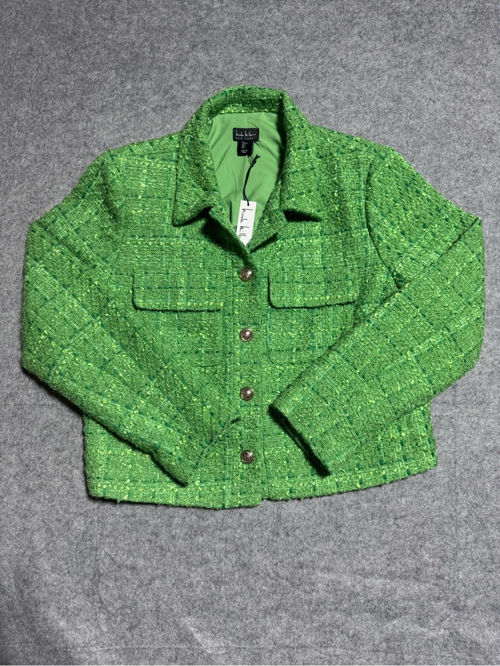 NWT Nicole Miller Green Tweed Cropped Jacket Blazer Large